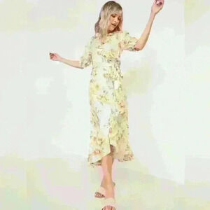 Old Navy - Yellow Blue Floral Midi Dress Pleated Wrap size XL NWT